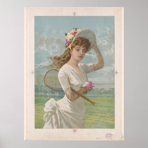 Vrouw in witte jurk die tennisracket vasthoudt Vin Poster