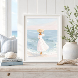 Vrouw in witte kustkunstprint poster