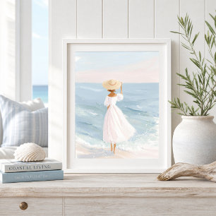 Vrouw in witte kustkunstprint poster