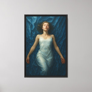 Vrouw in zijden jurk op blauw satijnen bed canvas afdruk