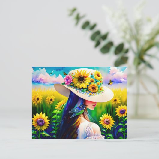 Vrouw in Zonnebloemen, Postcrossing Briefkaart (Staand voorkant)