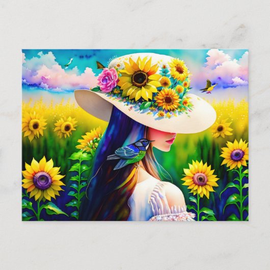 Vrouw in Zonnebloemen, Postcrossing Briefkaart (Voorkant)