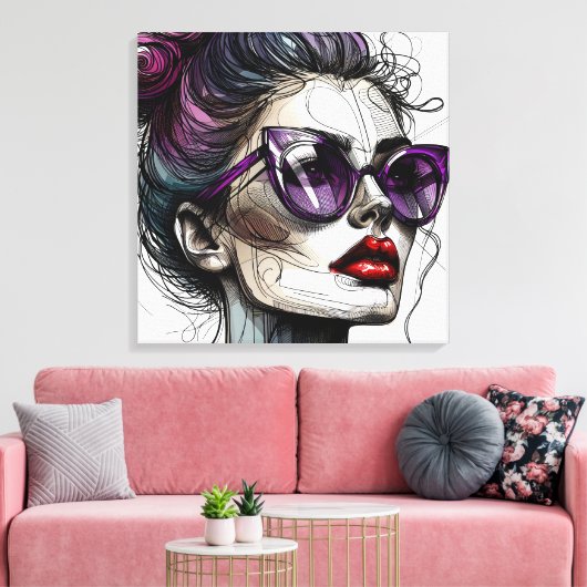  vrouw in zonnebril en Paarse lippenstift Canvas Afdruk (Insitu (Woonkamer))