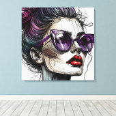  vrouw in zonnebril en Paarse lippenstift Canvas Afdruk (Insitu (Houten vloer))