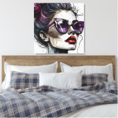  vrouw in zonnebril en Paarse lippenstift Canvas Afdruk (Insitu (Slaapkamer))