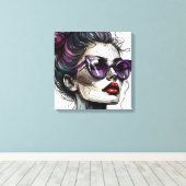 vrouw in zonnebril en Paarse lippenstift Canvas Afdruk (Insitu (Houten vloer))