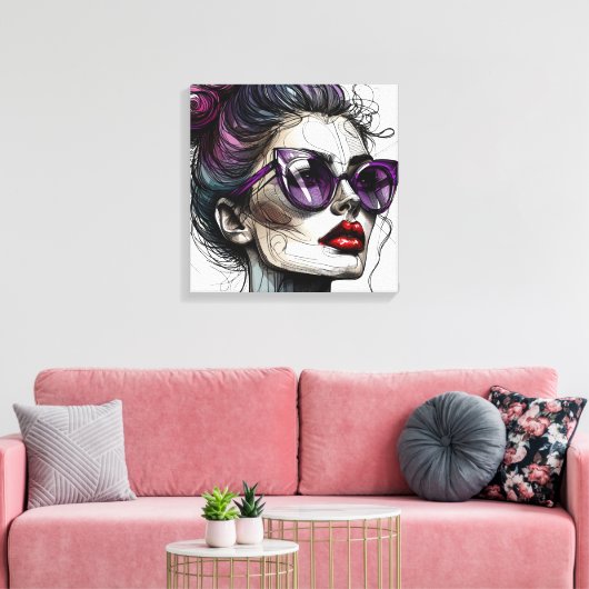 vrouw in zonnebril en Paarse lippenstift Canvas Afdruk (Insitu (Woonkamer))