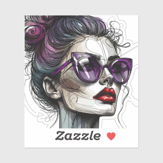  vrouw in zonnebril en Paarse lippenstift Sticker (Vel)