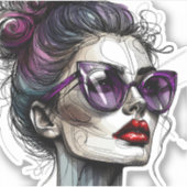  vrouw in zonnebril en Paarse lippenstift Sticker (Voorkant)