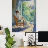 Vrouw in Zonovergoten Kamer met Balkon - Impressio Poster (Thuiskantoor)