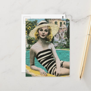 Vrouw in zwart en wit badpak briefkaart