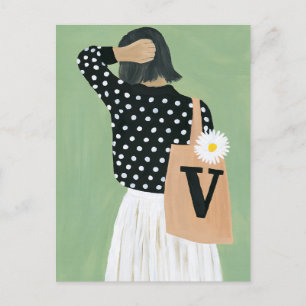 Vrouw in zwart en witte polka stippen briefkaart