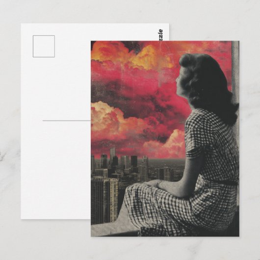 Vrouw in zwart-wit op de top van de stad briefkaart (Voorkant / Achterkant)