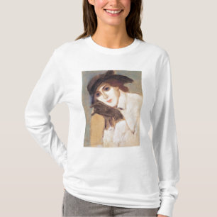 Vrouw in zwarte handschoenen t-shirt
