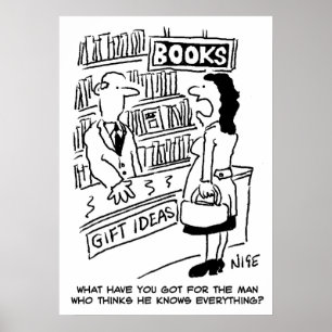 Vrouw informeert in een boekwinkel. Grappige boekh Poster