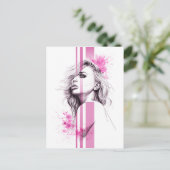 Vrouw inktportret Roze illustratiekunst Mode Briefkaart (Staand voorkant)