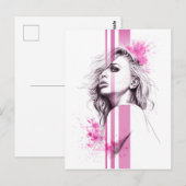 Vrouw inktportret Roze illustratiekunst Mode Briefkaart (Voorkant / Achterkant)
