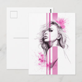 Vrouw inktportret Roze illustratiekunst Mode Briefkaart
