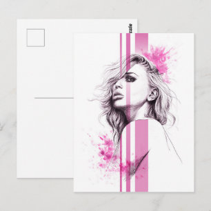 Vrouw inktportret Roze illustratiekunst Mode Briefkaart