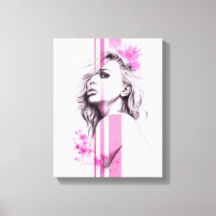 Vrouw inktportret Roze illustratiekunst Mode Canvas Afdruk