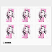 Vrouw inktportret Roze illustratiekunst Mode Vierkante Sticker (Vel)