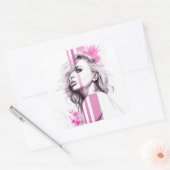 Vrouw inktportret Roze illustratiekunst Mode Vierkante Sticker (Envelop)