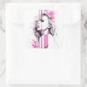 Vrouw inktportret Roze illustratiekunst Mode Vierkante Sticker (Tas)