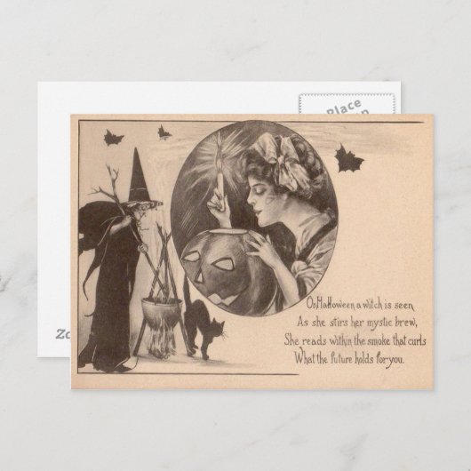 Vrouw Jack O' Lantaarn Heks Zwart Kat Briefkaart (Voorkant / Achterkant)