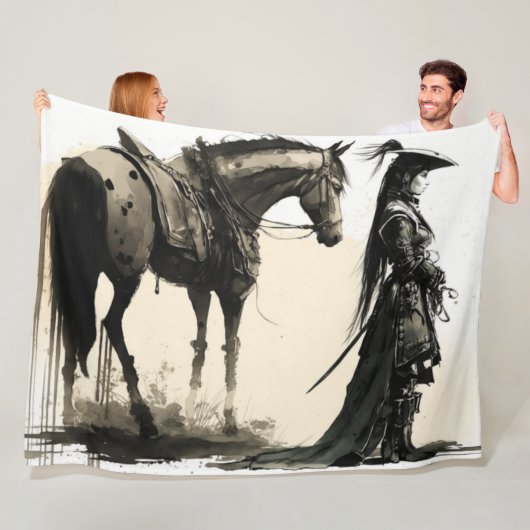 Vrouw Japans Soldaat met Paard Fleece Deken (In situ)