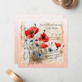 Vrouw Jubileum Blauwe en Oranje Poppies Notitiekaartje (Voorkant / Achterkant in situ)