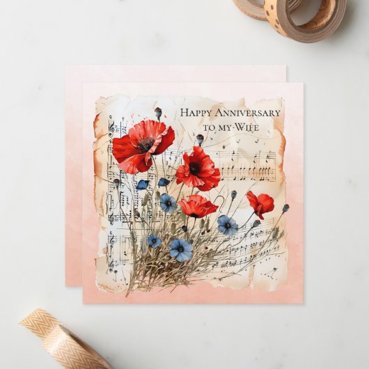 Vrouw Jubileum Blauwe en Oranje Poppies Notitiekaartje (Voorkant / Achterkant in situ)