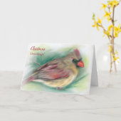 Vrouw kardinaal vogel in Pine Pastel Art Kerstmis Kaart (Gele Bloem)