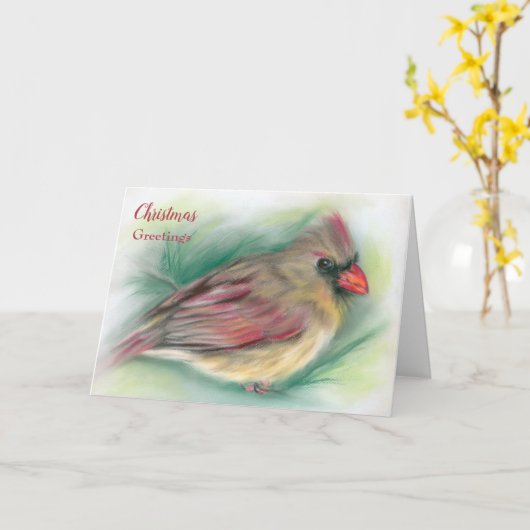 Vrouw kardinaal vogel in Pine Pastel Art Kerstmis Kaart (Gele Bloem)