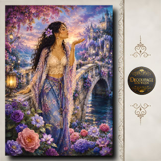 Vrouw Kasteel Brug Paarse Bloemen Decoupage Tissuepapier