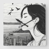 Vrouw kijken naar een vogel gesloten ogen wandklok (Voorkant)