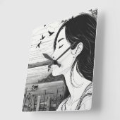 Vrouw kijken naar een vogel gesloten ogen wandklok (Hoek)