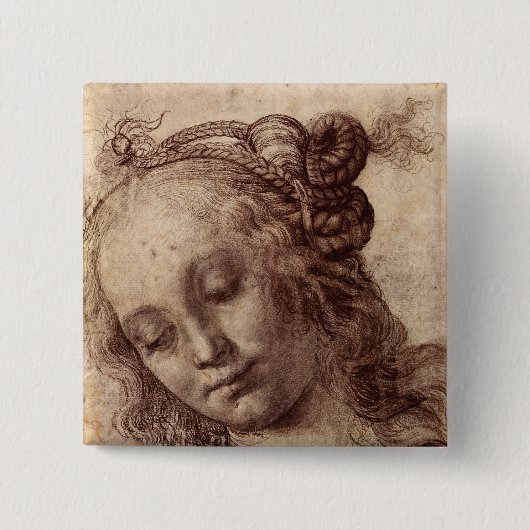 Vrouw kijkt naar beneden vierkante button 5,1 cm (Voorkant)