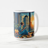 Vrouw kijkt naar zonsopgang met kat koffiemok (Voorkant rechts)