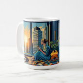 Vrouw kijkt naar zonsopgang met kat koffiemok (Voorkant links)