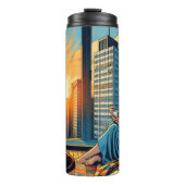 Vrouw kijkt naar zonsopgang met kat thermosbeker (Voorkant)