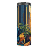 Vrouw kijkt naar zonsopgang met kat thermosbeker (Achterkant)