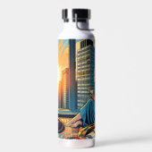 Vrouw kijkt naar zonsopgang met kat waterfles (Links)