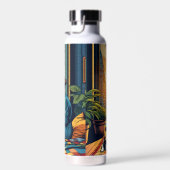 Vrouw kijkt naar zonsopgang met kat waterfles (Rechts)