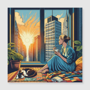 Vrouw kijkt uit het raam en drink koffie