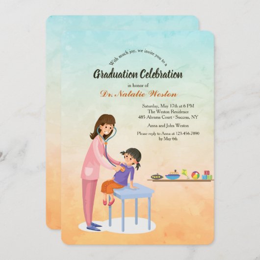 Vrouw Kinderarts Afstuderen Uitnodiging (Voorkant / Achterkant)