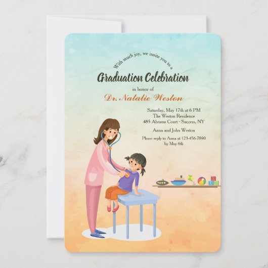 Vrouw Kinderarts Afstuderen Uitnodiging (Voorkant)