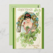 Vrouw Klaver en Hoefijzer St Patricks Day Briefkaart (Voorkant / Achterkant)