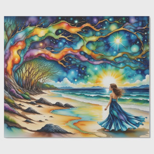 Vrouw, Kleurrijke Boom van het leven op het strand Cadeaupapier
