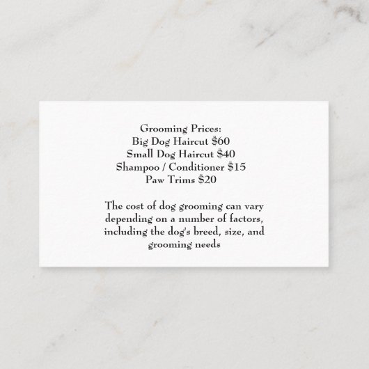 Vrouw knipt haar van kleine honden | Pet Grooming  Visitekaartje (Achterkant)