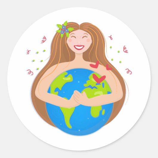 Vrouw knuffelt planeet Aarde Ronde Sticker (Voorkant)
